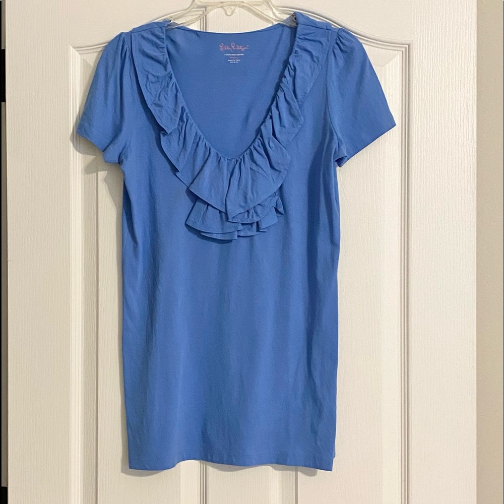 Lilly Pulitzer Ruffle V-Neck Blue Tee Top S Small